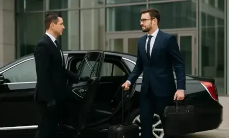 Suited Chauffeur opening Black Car Door, a businessman holding hand-bag